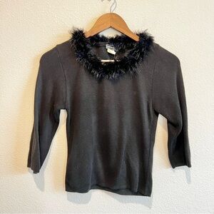 Vintage 90s Y2K Faux Fur Trim Sweater Top Womens Small Black 3/4 Sleeve Club